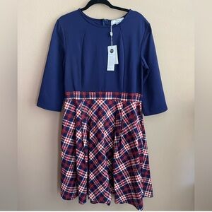 Pleated Blue and Red Fit and Flare Dress with Crew Neck